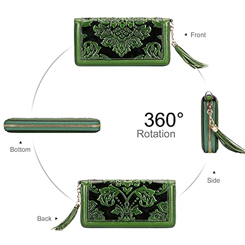 PIJUSHI Leather Wallets For Women Floral Wristlet Wallet Card Holder Purse (91853 Green)4