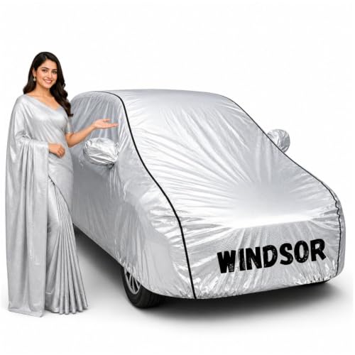 Image of Waterproof Car Body Cover for Windsor All Weather Protection Comes with Inner Cotton Lining & Triple Stitched with Mirror & Antenna Pocket Belt & Elastic Fit Metallic Silver with Black Piping1