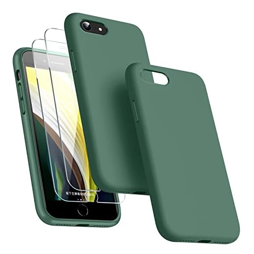 Dssairo [3 in 1 for iPhone SE case 2022/3rd/2020/2nd gen, iPhone 7/8，with 2 Pack Screen Protector, Liquid Silicone Ultra Slim Shockproof Protective Phone Case [Microfiber Lining] (Alpine Green)