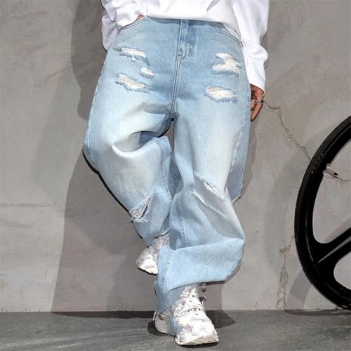 Men’S Chic Slim Fit Straight Denim Cargo Full Length Jeans Button Fly Midweight Distressed Hole Detail Casual Wear Pants3
