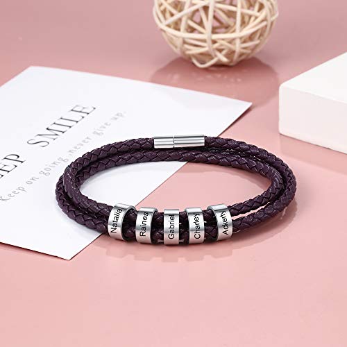 Personalized Womens Mens Braid Leather Bracelets With 1-6 Custom Names Beads Unisex Engraved Leather Bracelet Custom Name Bracelet For Birthday Mother's Day Father's Day (Purple, 1 Bead) #TOP1