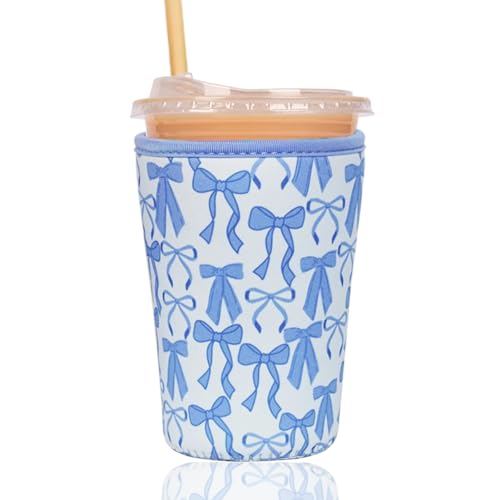 Image of Reusable Insulated Sleeve for Iced Coffee Cup, Coffee Neoprene Sleeve for Cold & Hot Drinks, Beverage Holder for Iced Coffee (Blue Bows, Medium: 22-24oz)