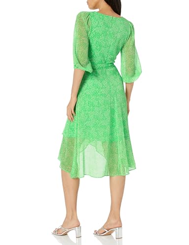 Image of DKNY Women's Chiffon Balloon Sleeve Faux Wrap Midi Dress with High-Low Hem