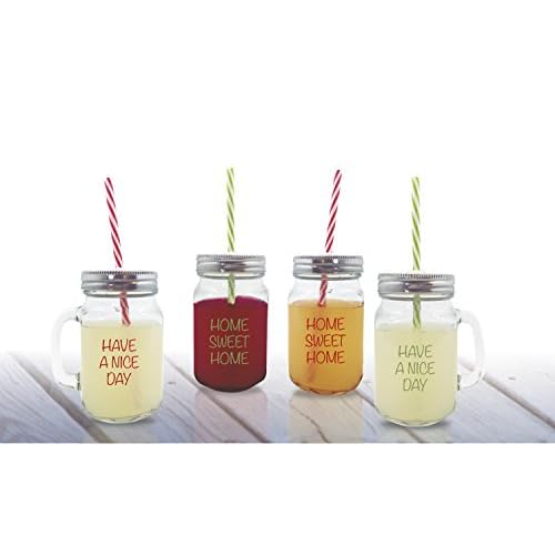 NERTHUS FIH 100 - Set 4 jarritas de limonada, Paquete de 4 vasos con tapa, manija y paja Pajita Vasos de vidrio Vaso de agua Cóctel 450 ml Tarro de bebida Vintage Retro