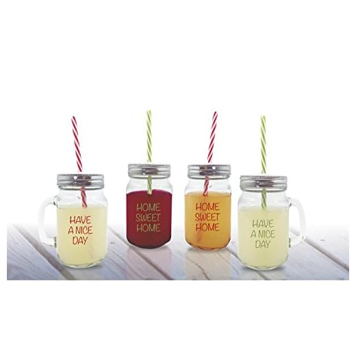 NERTHUS FIH 100 - Set 4 jarritas de limonada, Paquete de 4 vasos con tapa, manija y paja Pajita Vasos de vidrio Vaso de agua Cóctel 450 ml Tarro de bebida Vintage Retro