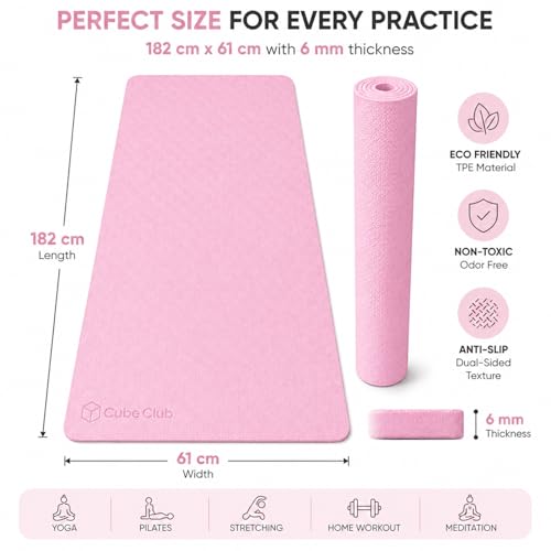 Image of The Cube Club Yoga Mats Extra Thick Non Slip Exercise Mats for Workout with Carrying Strap & Bag Eco Friendly AsanaTPE Yoga Mat for Men & Women 6MM Gym Mat (Pink, TPE Mat)