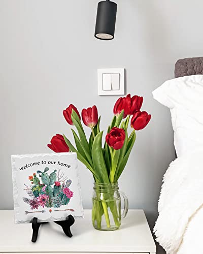 Watercolor Tropical Cactus Floral Ceramic Plaque With Wooden Stand, Welcome To Our Home White Table Decorative Plaques, Desk Decor Sign - Memorial Gifts For Wedding Ceremony #TOP5