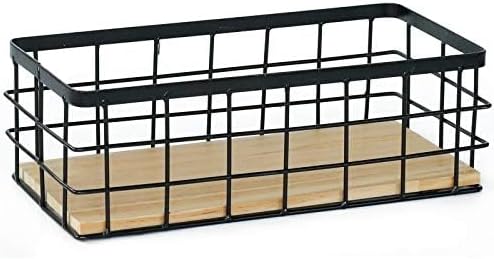 Metal Wire Bathroom Storage Organizer Basket Bin, Rustic Vintage Wire Grid Wooden Base Organizing Basket for Kitchen, Cabinets, Shelves, Pantry, Closets, Vanity Countertops, Bedrooms, Under sinks image 4