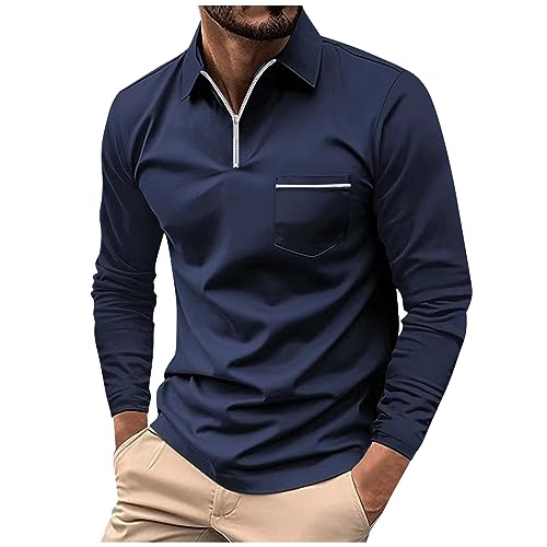 Oktoberfest Herren Outfit Weisses Hemd Männer Arbeitspullover Herren Männer Outdoor Einfarbig Zipper V-Ausschnitt Langarm Golfshirts Mit Brusttasche Herbst Winter Arbeit Polo T-Shirts (Marine, 3Xl)