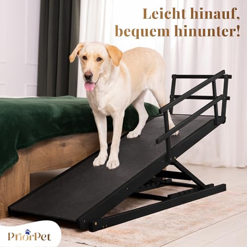 Hunderampe Bett mit Sicherheitsgeländer - Für Große Hunde bis zu 90 kg - Höhenverstellbare hundetreppe für Betten bis zu 94.5cm - Breite 49,5 cm - Klappbar - Anti-Rutsch-Griff - Birkenholz - Schwarz