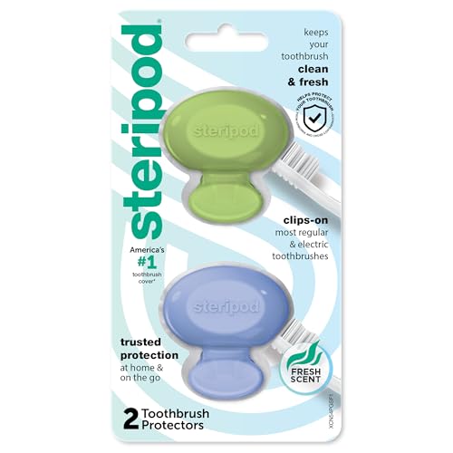 Image of Steripod Clip-On Toothbrush Protector, Green and Blue, 2 Count