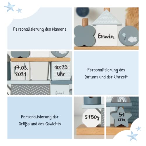 KIDSLINO Steckspiel Haus Blau I Geschenk zur Geburt personalisiert I Holzspielzeug I Personalisierte Geschenke Baby I Label-Label I Steckspielzeug mit Name & Geburtsdaten