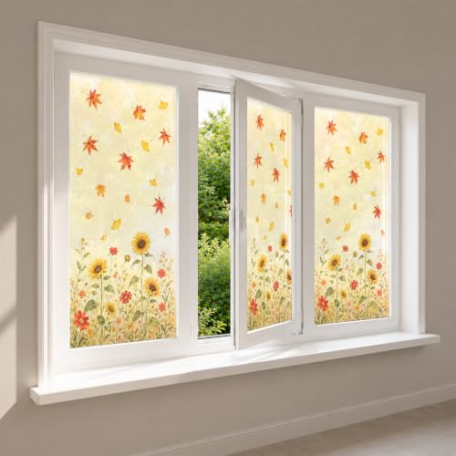Image of Nuxovilar Fall Window Cling 17.7 x 39.4 in, White Frosted Sunflower | White frosted PVC helps obscure views for privacy, with sunflowers, wildflowers, maple and ginkgo leaves in soft fall colors