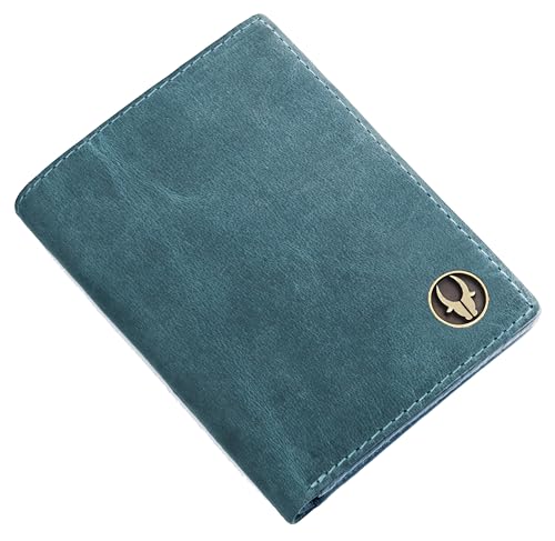 Image of WildHorn RFID Protected Genuine Leather Wallet for Men I 4 Card Slots I 2 Slip Pockets I 1 Currency Compartment (Blue Hunter)