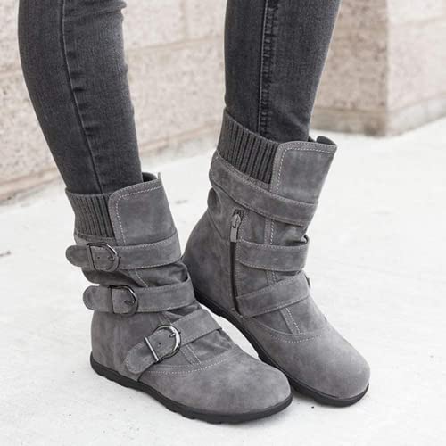 BORAMAX Womens Low Heel Slouch Suede Slip On Casual Ankle Boots with Ring Buckle and Side Zipper Buckle Winter Booties2