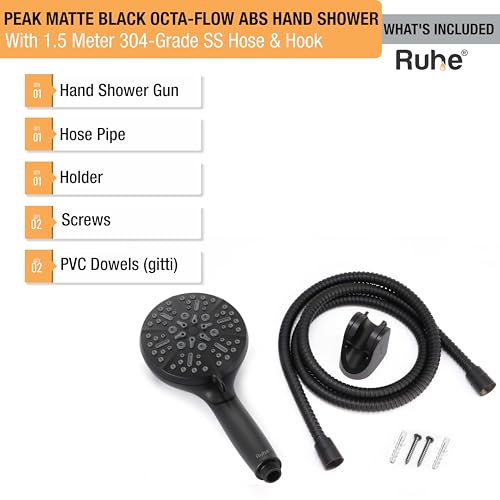 Image of Ruhe Peak Multi-Functional Octa-Flow Modes ABS Hand Shower with 1.5 Meter 304-Grade Stainless Steel Hose & Hook, Matte Black Finish