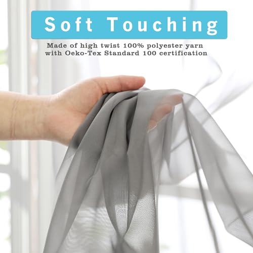 Image of OVZME Grey Sheer Curtains - 96 inch Inch Length 2 Panels Set, Light Filtering Soft Rod Pocket Voile Drapes for Living Room /Bedroom, Each 42 inch W x 96 inch L