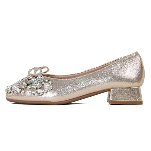Women's Rhinestone Pearl Bowknot Chunky Heel Pumps,Square Toe Comfort Slip on Walking Dress Shoes Classic Office Wedding Party Shoes3