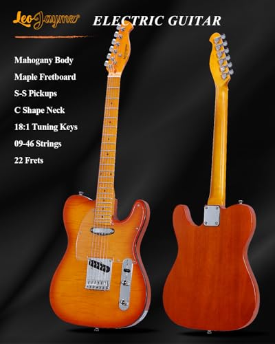 leo jaymz tl style electric guitar with flame maple top - high gloss mahogany body and hard maple neck - high transparent acrylic pickguard transparent honey burst