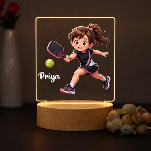 Image of SNAPTRAP Personalized Pickleball LED Lamp with Name for Girls | Customized Acrylic Night Lamp with Wooden Base | Sports Gift for Kids, Girls & Women | USB Powered Bedroom & Desk Decor Light