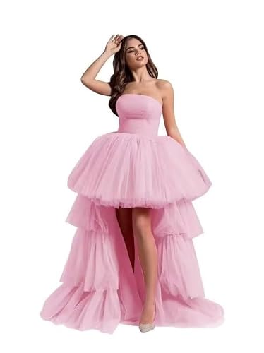 Strapless Tiered Tulle High Low Prom Dresses 2026 for Women Pink US8