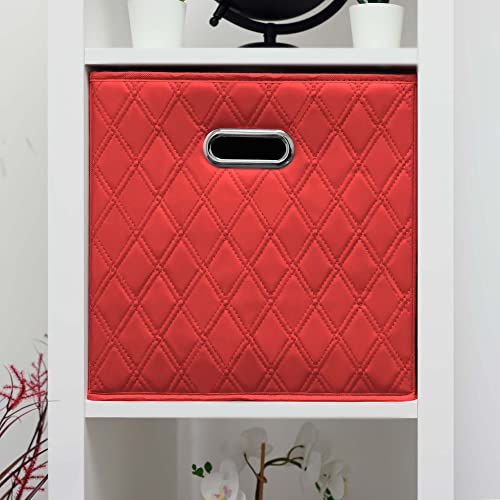 Jiaessentials Medium 12-Inch Red Foldable Diamond Patterned Faux Leather Storage Cube Bins Set Of Four With Handles With Dual Handles For Living Room, Bedroom And Office Storage #TOP1