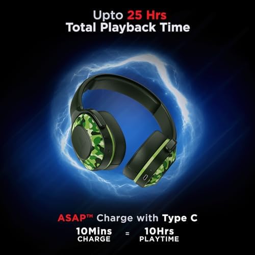 boAt Rockerz 425, ENx Tech, ASAP Charge, 25H Battery, Dual Pair, Stream Ad Free Music via App Support, Bluetooth Headphones, Wireless Over Ear Headphone with Mic (Army Green)