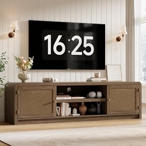 70″ Rattan TV Stand, TV Console for TVs Up to 80″, Walnut