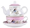YBK Tech Théière en verre avec infuseur en porcelaine, tasse et soucoupe, théière et tasse à thé pour une personne (rose)