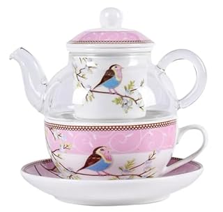 YBK Tech Théière en verre avec infuseur en porcelaine, tasse et soucoupe, théière et tasse à thé pour une personne (rose)
