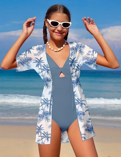 KANGKANG Girls Swimsuit, Solid Color Girl One Piece Swimsuits with Tropical Print Drawstring Cover Up Bathing Suits Set 9-16Y2
