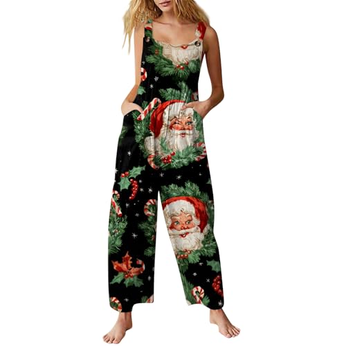 NAMTYQX 2025 Christmas Fall Winter Fashion Women Santa Claus Print Overalls Baggy Jumpsuit Snowflake Loose Fit Romper Pants with Pockets