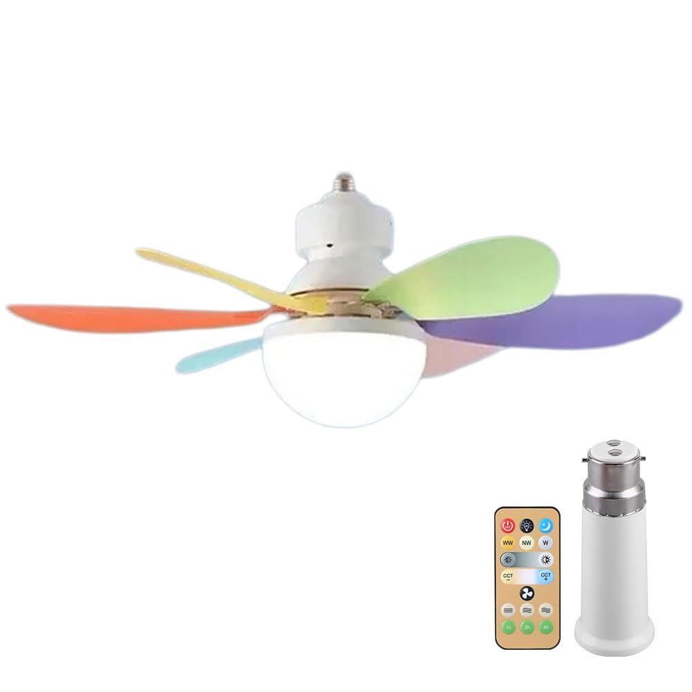LED Ceiling Fan with Lights and Remote Control,With B22 To E27 Light Lamp Bulb Socket Base Converter,3 Speeds Light Bulb Fan,Timing,6 Blades Fans Lamp for Bedroom,Living Room (Colorful, 30W/42cm)