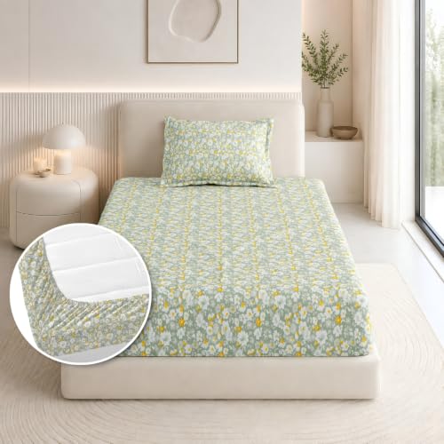 Image of Haus & Kinder Elastic Bedsheet Single Bed, 37 x 78 x 11 Inches Single Bedsheet Cotton Elastic Fitted with 1 Pillow Cover, Pure Cotton 186 TC, Breathable Wrinkel Free - Silver Meadow Bloom