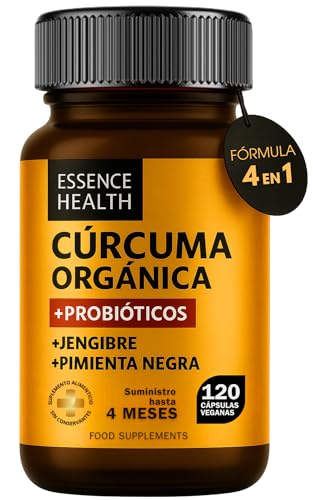 Cúrcuma orgânica com probióticos, gengibre e pimenta preta, 120 cápsulas veganas, alta concentração de 95% curcuminóides, apoio digestivo, artificial e imunitário, ESSENCE HEALTH