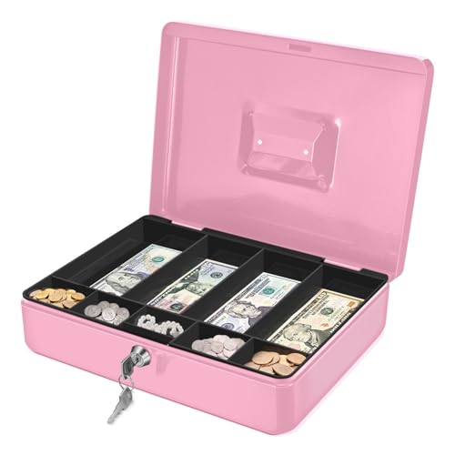 Flexzion Cash Box with Money Tray and Lock - Metal Cash Box for Small Businesses, 9-Compartment Pink Money Box with Removable Tray and Key, Portable Storage for Checks and Coins