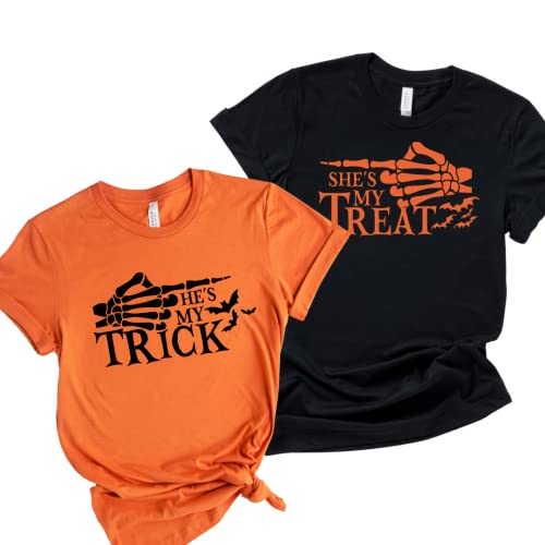 Trick And Treat His and Her Halloween Couple Outfits, Plus Size Matching Halloween Shirts For Couples, Halloween Tshirt Couple For Boyfriend, Girlfriend, Husband and Wife.