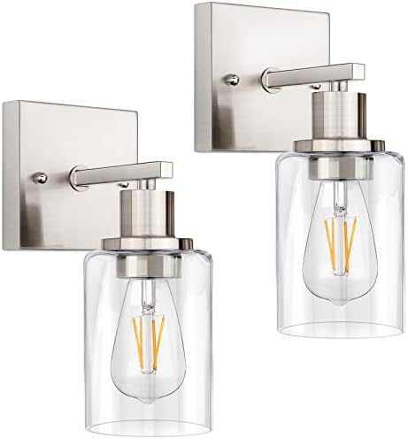 Wall Sconces Set of two, 1-Gentle Brushed Nickel Wall Lights, Fashionable Sconces Wall Lighting, Toilet Vainness Gentle Fixtures, Farmhouse Wall Lamp with Clear Glass, Wall Mounted Lights for Mirror Bed room