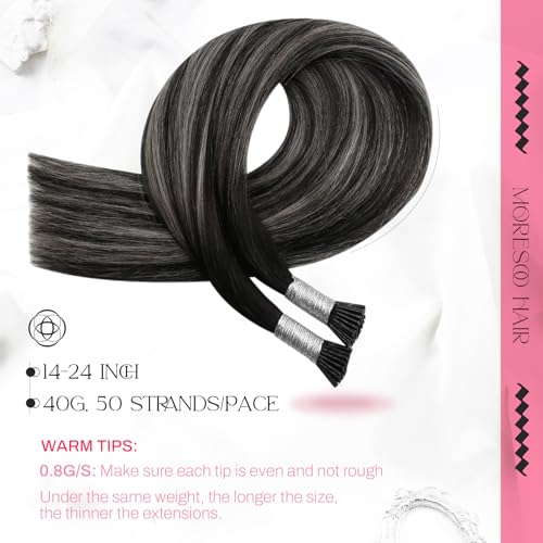 Image of Moresoo I Tip Hair Extensions Human Hair, Black Silver Balayage, 20 Inch | 40g 50 strands, long straight length, cold fusion hair extensions for travel, holidays and versatile styling
