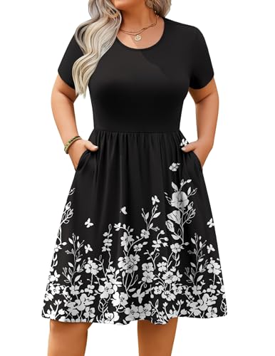 Image of IN'VOLAND Womens Plus Size Summer Dress Short Sleeve Casual Mini Dresses Empire Waist T-Shirt Dress with Pockets