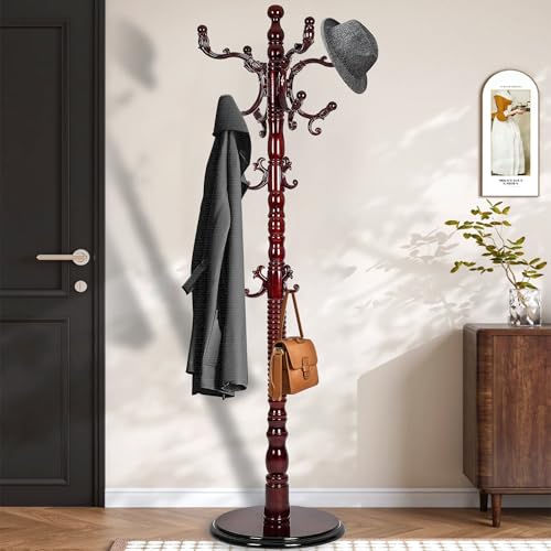 73'' Vintage Coat Racks Freestanding with 18 Hooks, Solid Wood