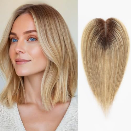 HAIRCUBE Hair Toppers for Women with Thinning hair, Ombre blonde with lowlight 100% Real Human Hair Toppers for Women no bangs, Human Hair Toppers with 3 Clips, Swiss Lace Base Hand-Tied 14inch
