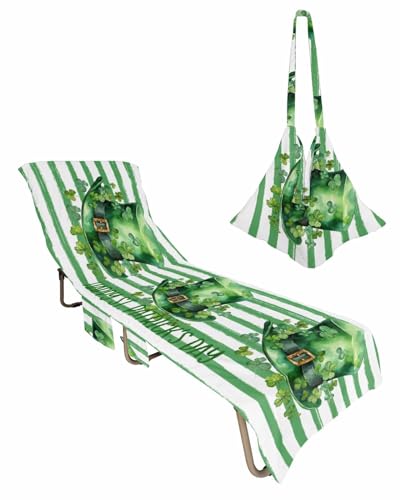 St. Patrick's Day Beach Lounge Chair Towel Cover, Soft Chaise Lounge Towel with Side Pockets Patio Pool Chairs Cover for Beach/Pool Sunbathing 29x85 Spring Green Clovers Green Striepd