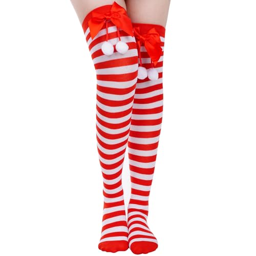 Haakong 1Pairs Christmas Striped Thigh High Socks for Women Long Knee High Socks with Bow Candy Cane High Stockings with Bow (Red Striped Bow)