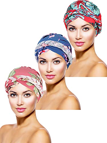 SATINIOR 3 Pieces Women Turban Head Wrap PreTied Bonnet Beanie Hat Sleeping Cap Headwrap (Floral Pattern), Multicolor, One Size