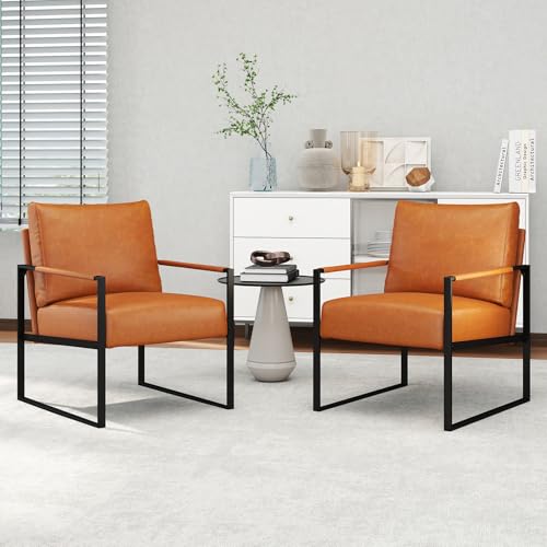 CANMOV Modern Accent Chair Set of 2, PU Leather Armchair with Metal Frame,Comfy Single Reading Chair with Soft Padded Backrest and Cushion for Living Room, Bedroom,Reading Room,Office,Brown