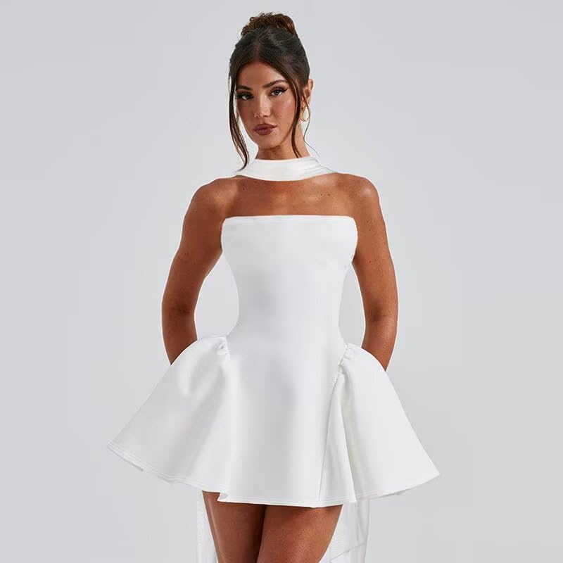 Short Satin Homecoming Dress for Teens Mini A Line Strapless Cocktail Party Dresses with Scarf DD0154