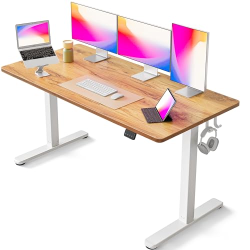 Image of FEZIBO Electric Standing Desk, 63 x 24 Inches Height Adjustable Table, Ergonomic Home Office Furniture with Splice Board, White Frame /Light Rustic Brown Tabletop