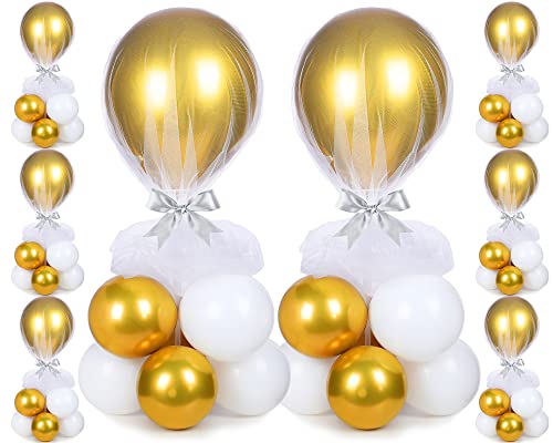 Image of BBTO 8 Set Gold and White Table Centerpieces Balloons Stand Kit, Latex Balloons and Table Stand Holder with Base Tulle for Wedding Birthday Grad Prom Centerpieces Party Back to School Baby Shower