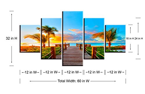 Tropical Beach Painting Decor, Sz 5 Piece Palm Tree Sunset Picture Canvas Wall Art, Ocean Canvas Prints For Living Room, Ready To Hang, 1" Deep, Waterproof, Big / Large Size #TOP1
